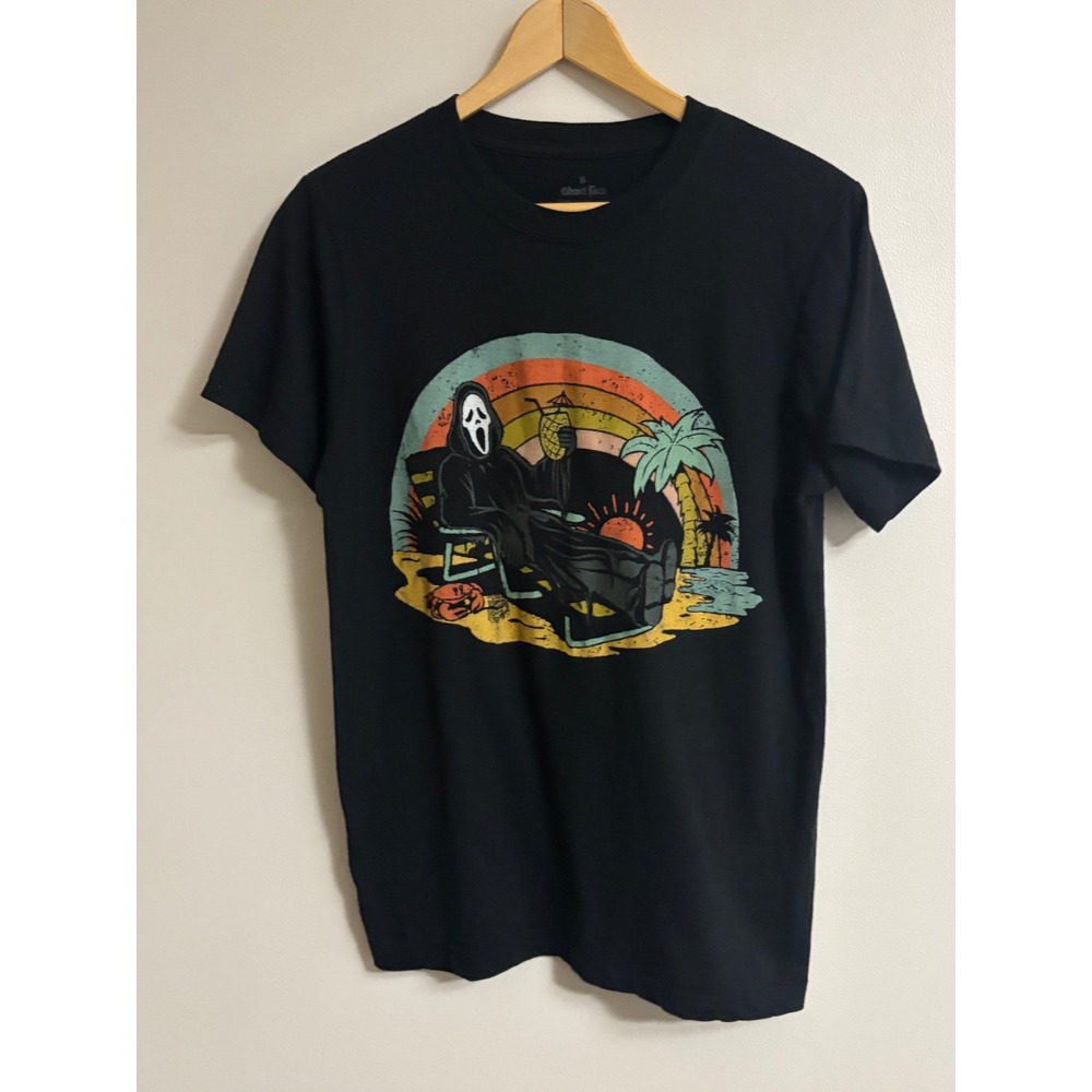 Ghost Face Scream Beach Vacation Graphic T-Shirt Black Small Horror Movie Tee